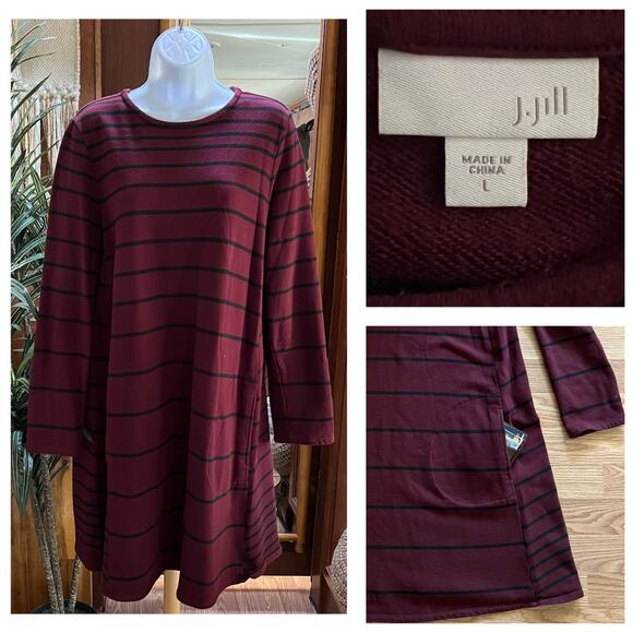 J Jill Stripe Shift Dress L Burgundy Black Tunic | Fall Preppy Coastal Grunge - Picture 10 of 10